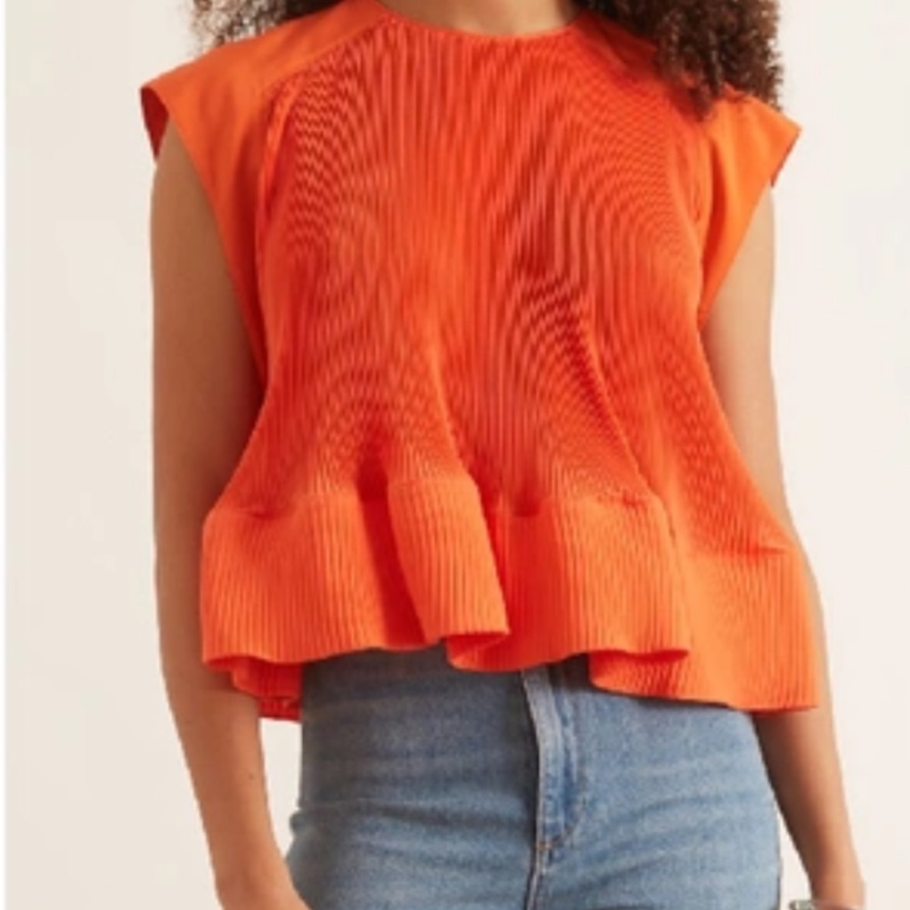 Tibi Pleating Yoke Pleated Top In Red Orange